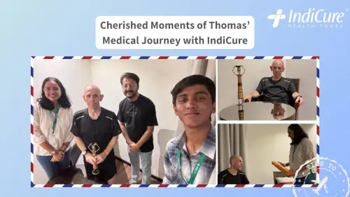 A collage of photos showing an American patient named Thomas during his medical journey in India. In one photo, he is with the IndiCure team, holding a trophy. Other photos show him speaking with staff and sitting at a table, highlighting the personalized care and successful trip. A collage of photos showing an American patient named Thomas during his medical journey in India. In one photo, he is with the IndiCure team, holding a trophy. Other photos show him speaking with staff and sitting at a table, highlighting the personalized care and successful trip.
